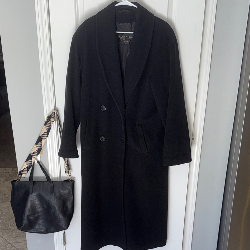 Anne Klein II Vintage Black Merino Wool and Angora Women’s Long Trench Pea Coat
